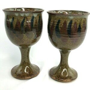 Vintage Lot of 2 Stoneware Art Pottery Drink Goblets Chalice Artisan Renaissance